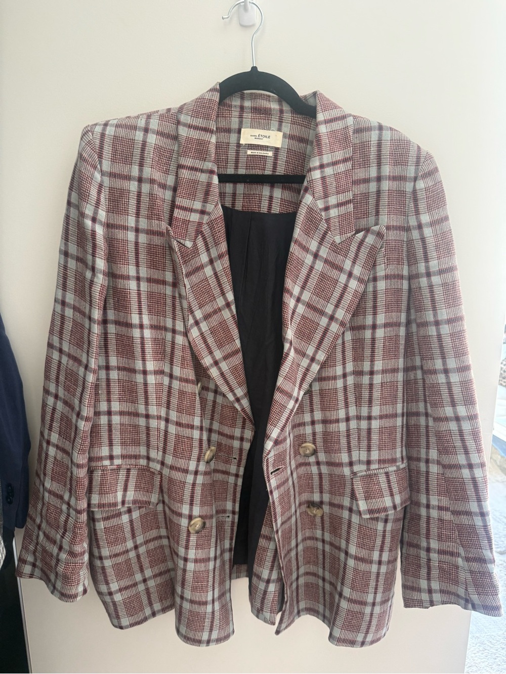 Isabel Marant Burgundy and Cream Plaid Double-Breasted Blazer